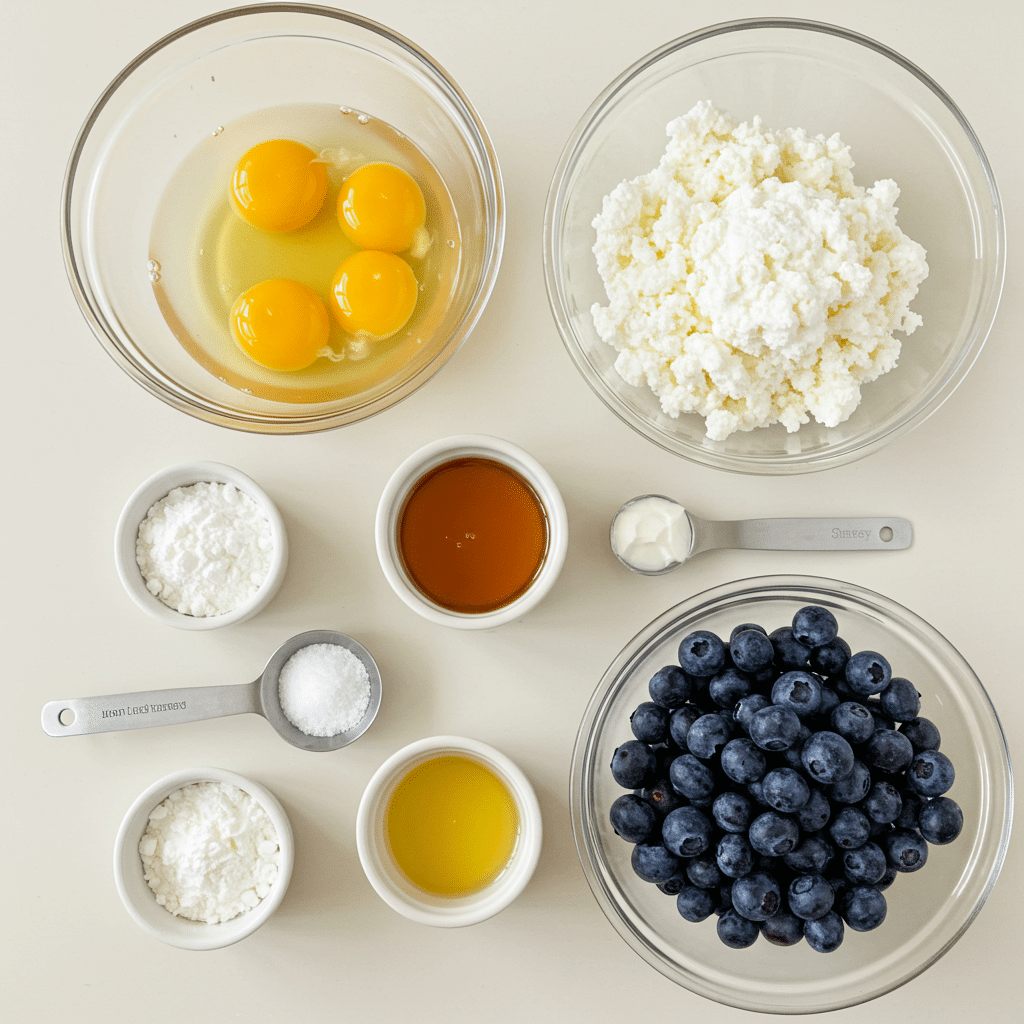 Ingredients for making Blueberry Fluffy Cottage Cheese Cloud Bread.