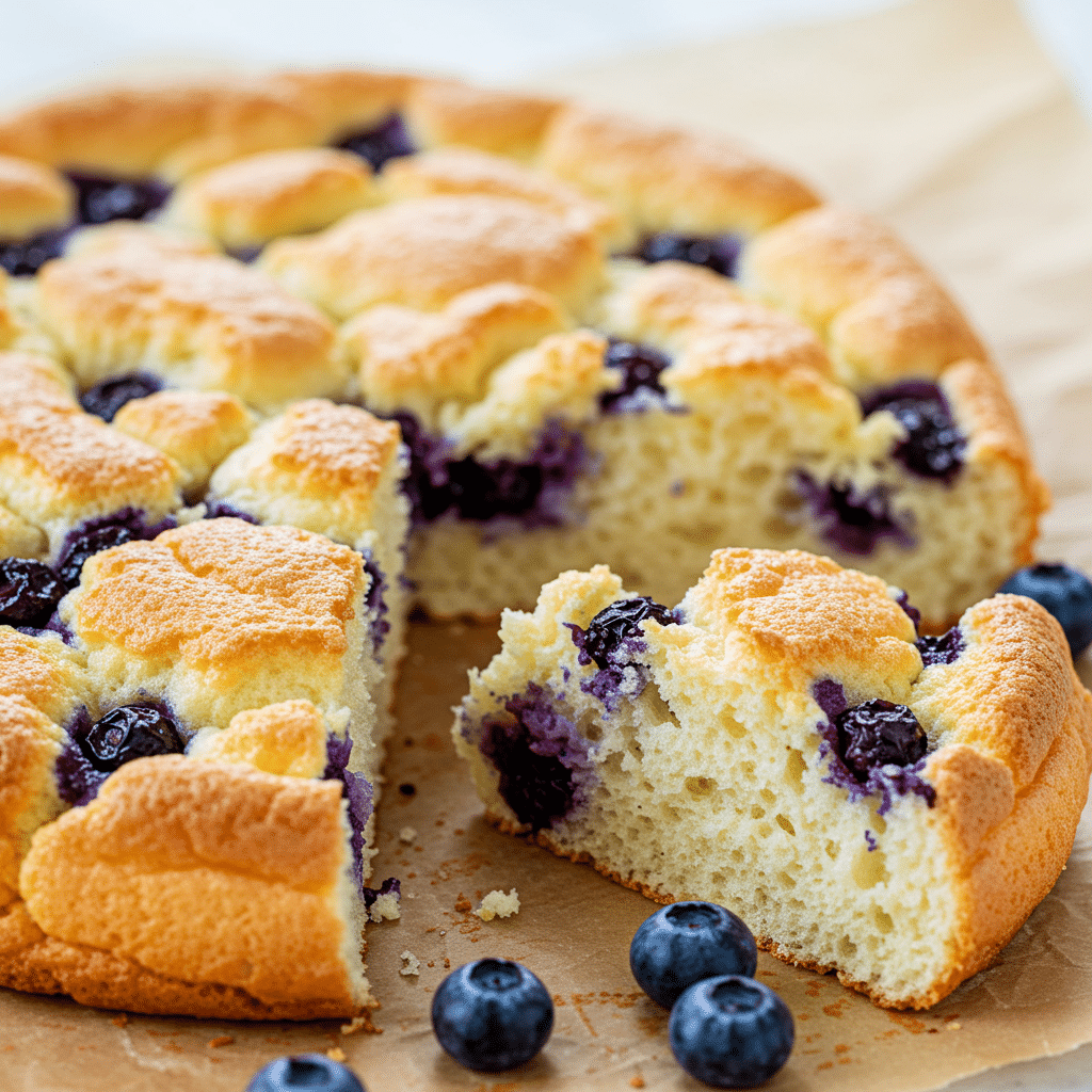 A slice of Blueberry Fluffy Cottage Cheese Cloud Bread on a plate.