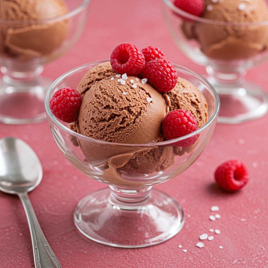 Delicious Chocolate Cottage Cheese Ice Cream with raspberries