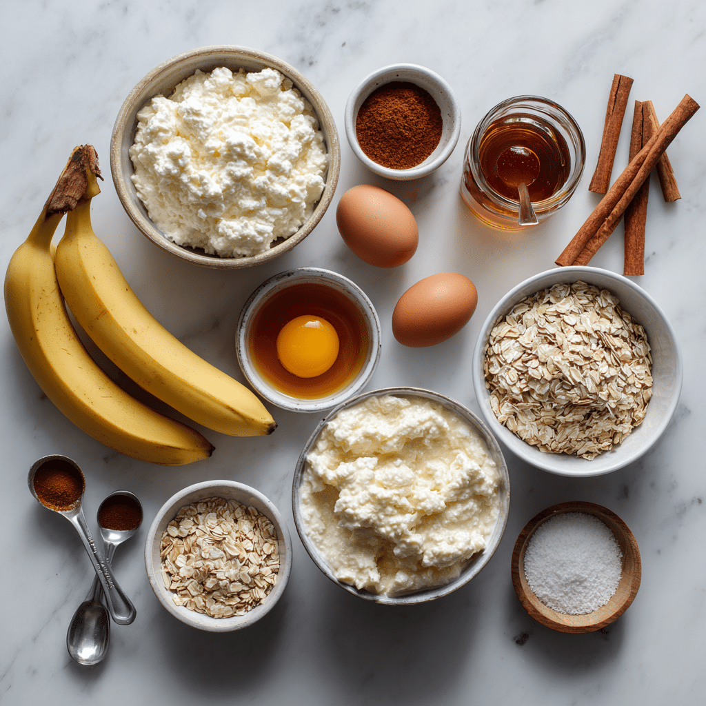 Ingredients for cottage cheese banana muffins laid out on a marble surface