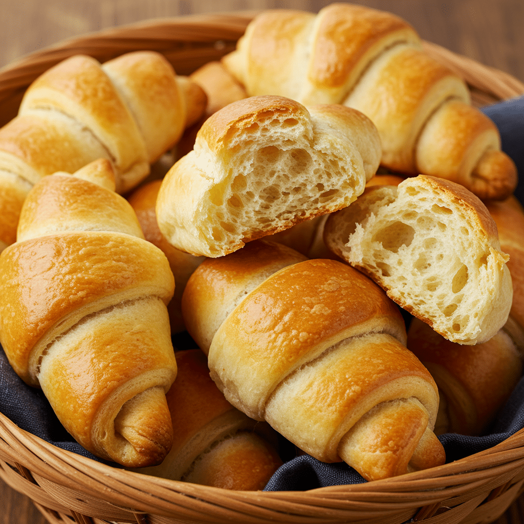 Basket of warm, flaky Cottage Cheese Crescent Rolls.