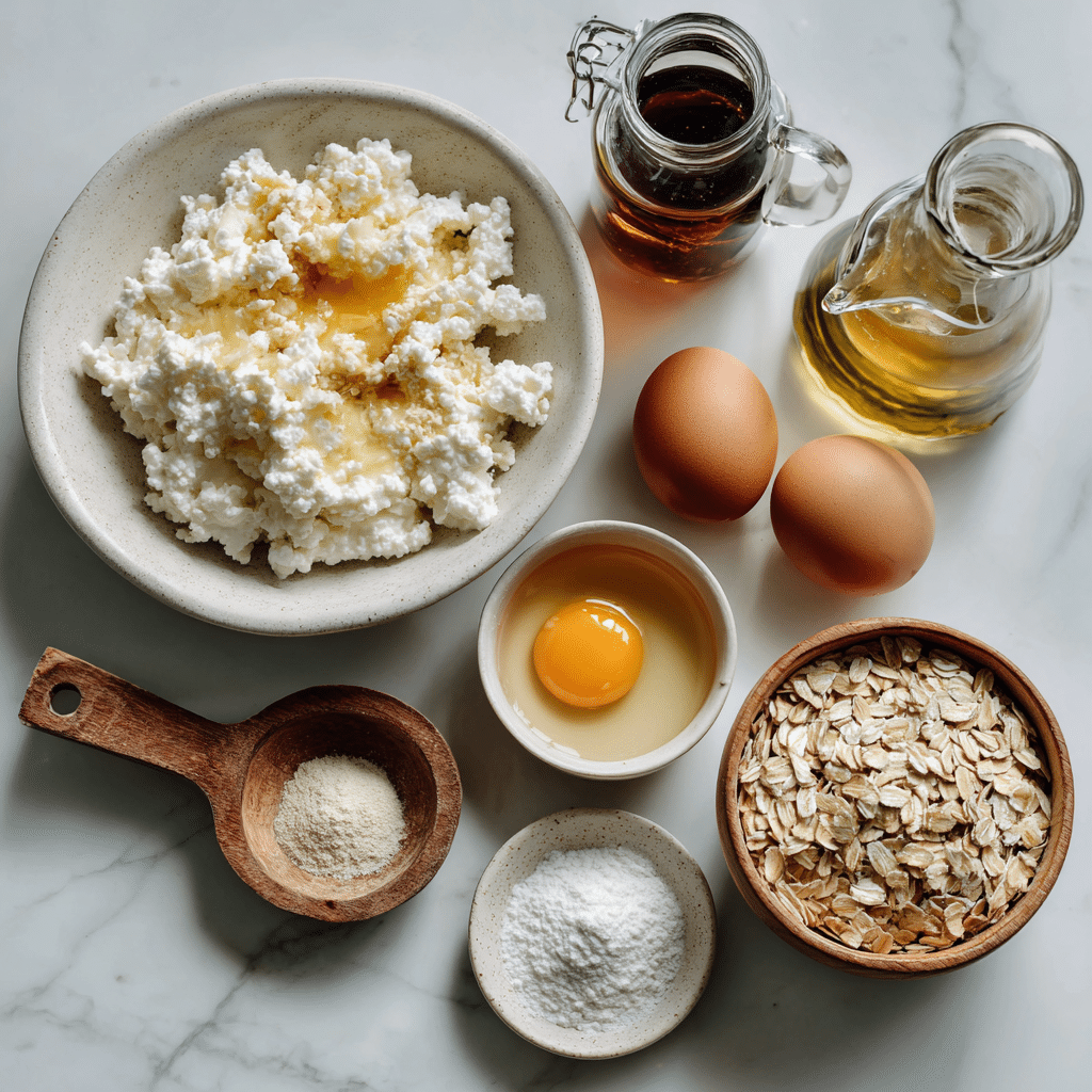 Flat lay of ingredients for cottage cheese gluten-free pancakes