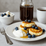 Gluten-free pancakes topped with yogurt, berries, and maple syrup