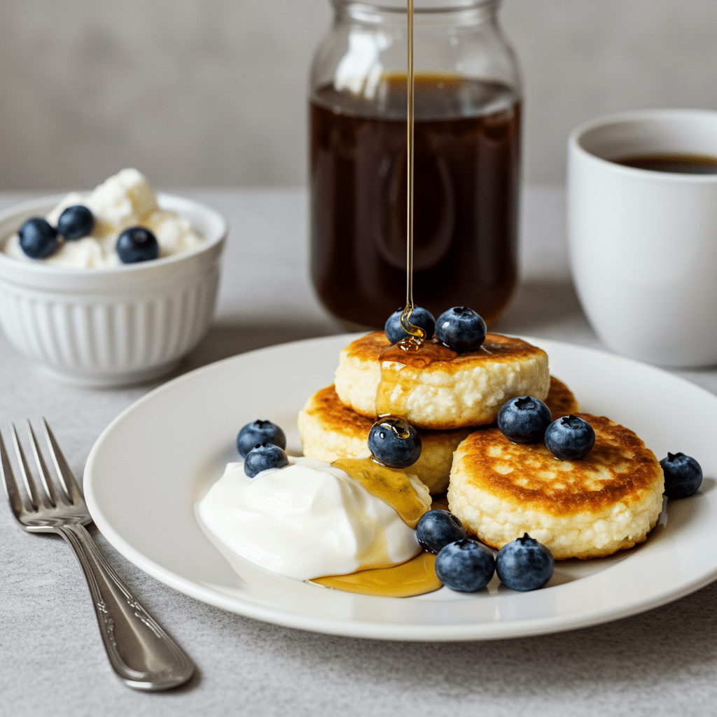 Gluten-free pancakes topped with yogurt, berries, and maple syrup