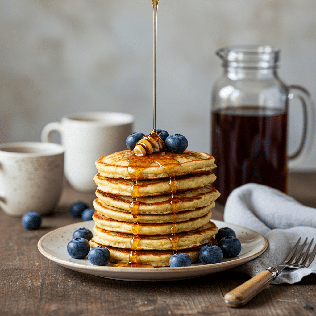 Stack of gluten-free cottage cheese pancakes with syrup and berries