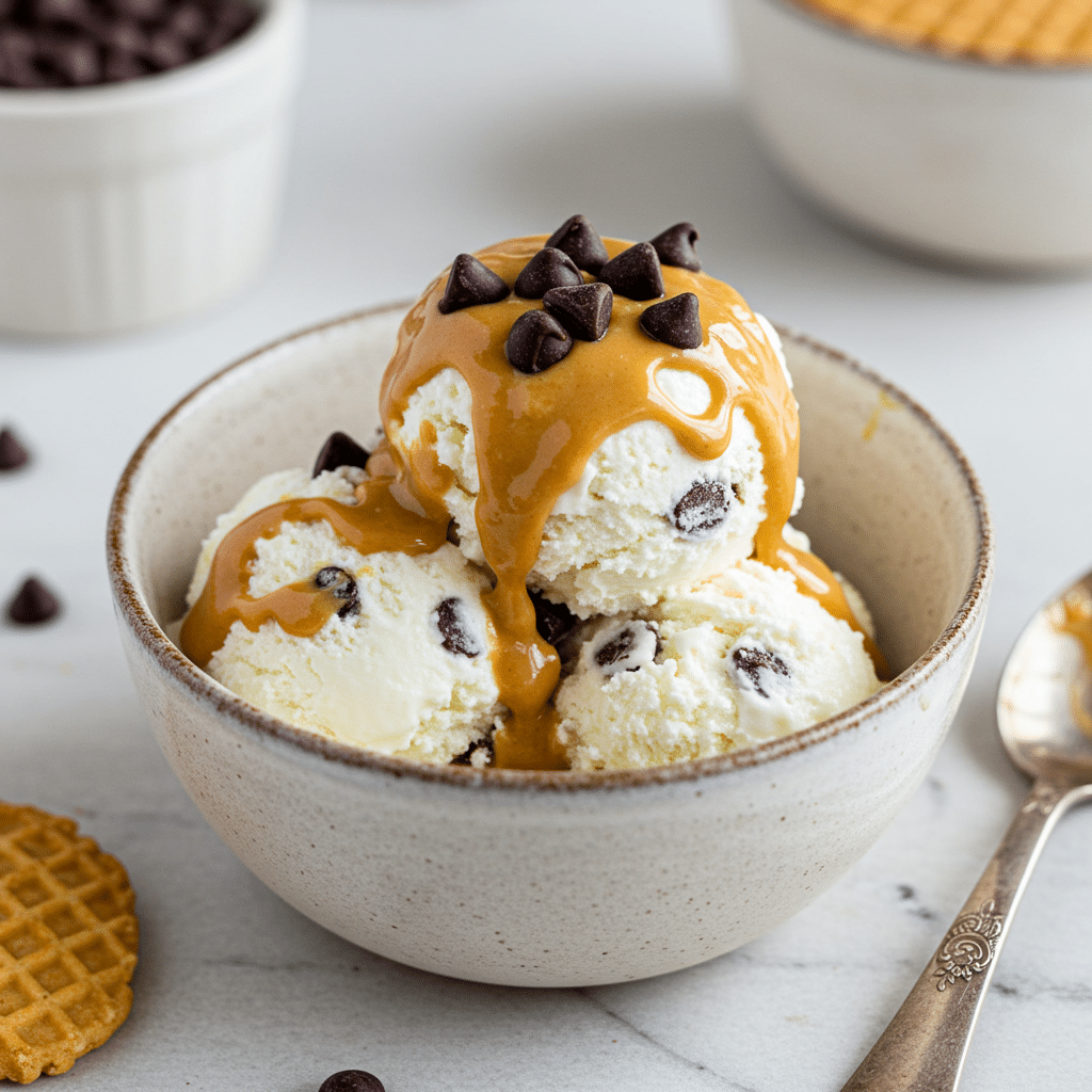 Bowl of creamy cottage cheese ice cream topped with peanut butter and chocolate chips