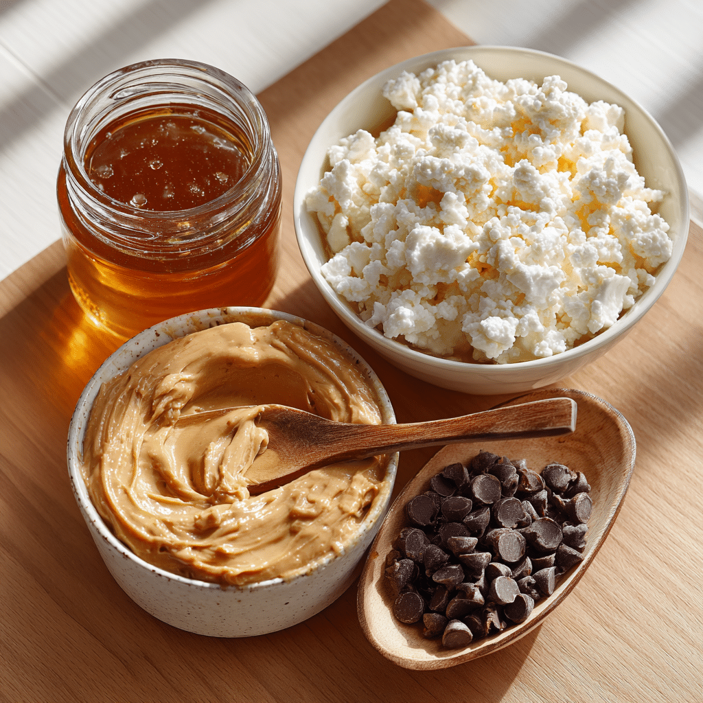 Cottage cheese, honey, peanut butter, and chocolate chips arranged on a wooden surface
