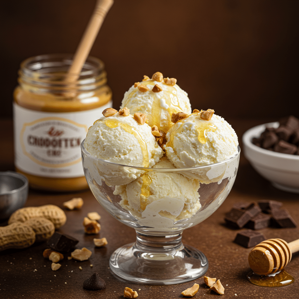 Cottage cheese ice cream scooped into a glass dish with toppings