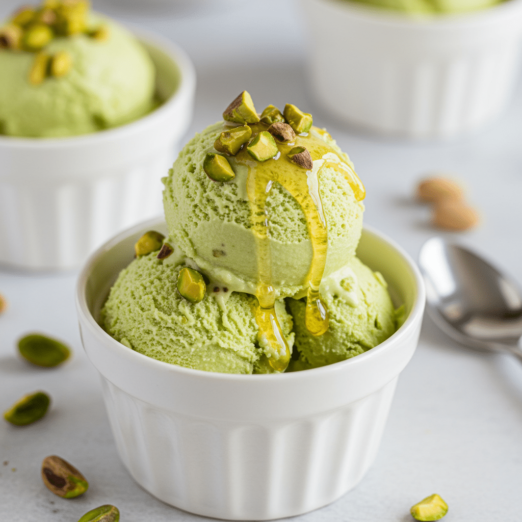 Cottage Cheese Pistachio Ice Cream topped with honey and pistachios