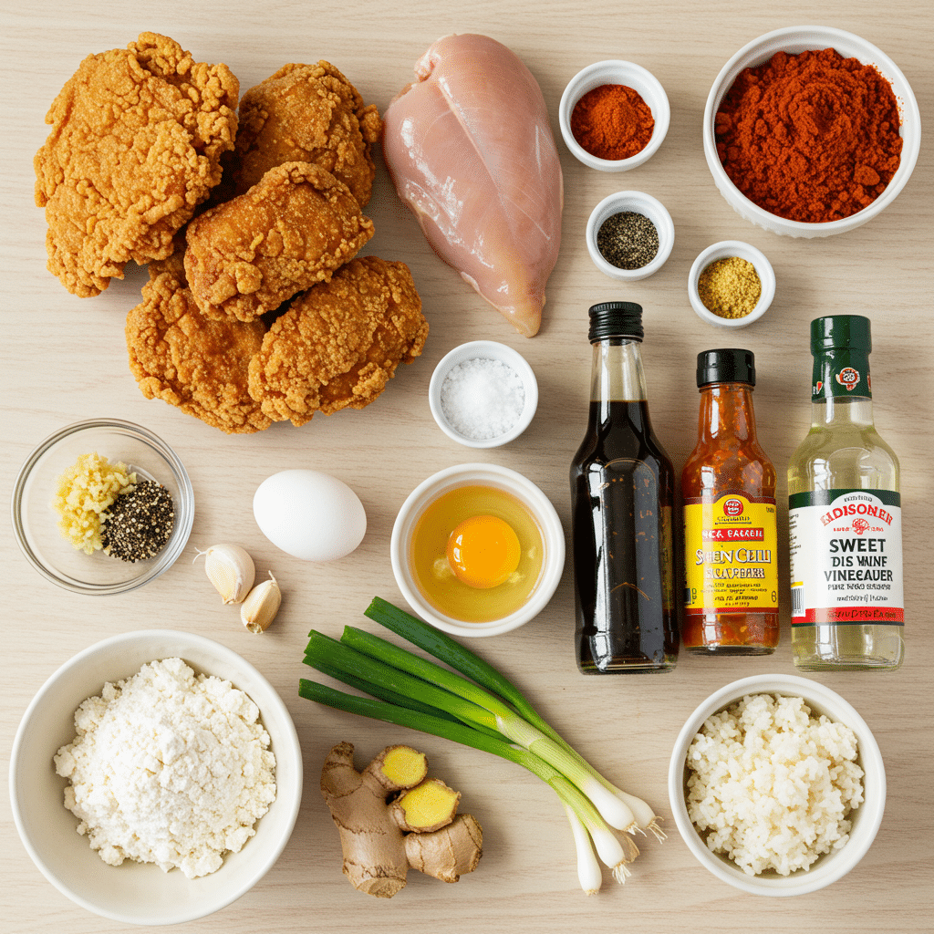 Ingredients for making Crispy Sweet Chili Chicken.