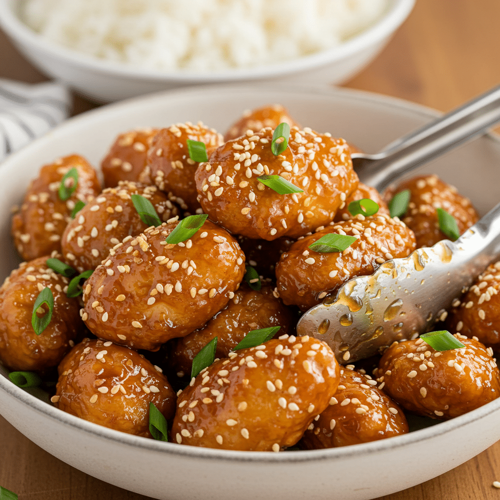 Bowl of finished Crispy Sweet Chili Chicken with garnishes.
