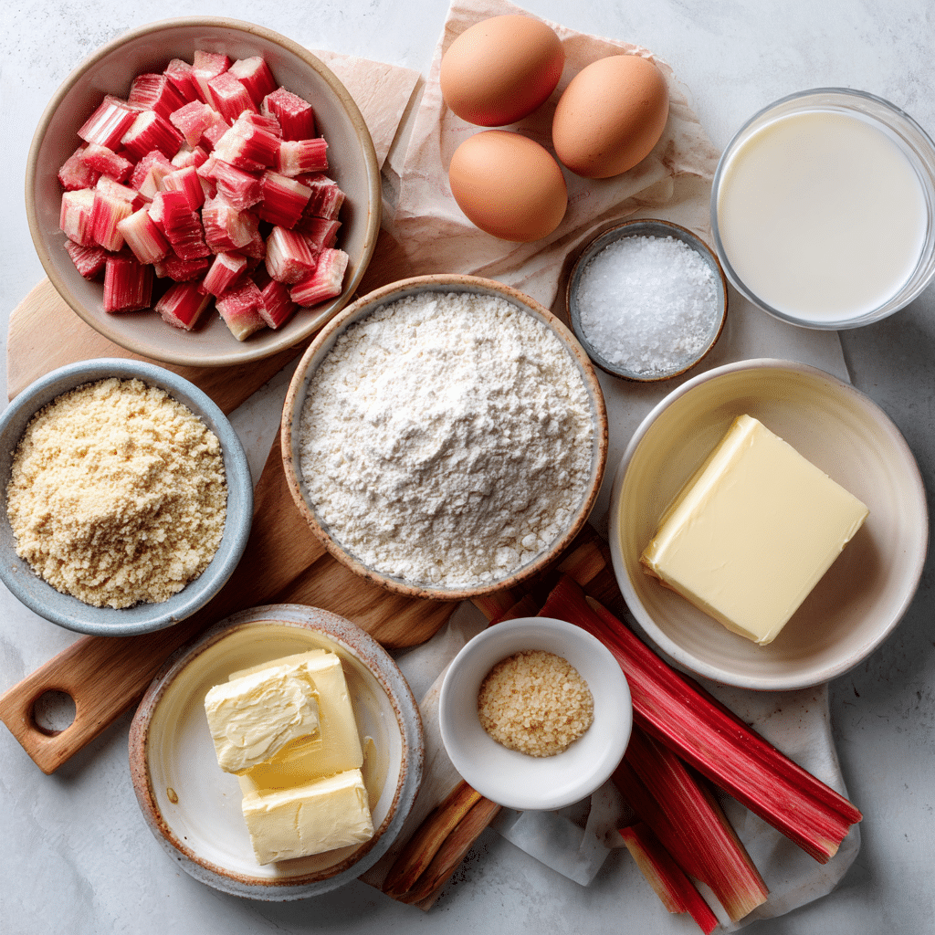 Ingredients for making Crustless Rhubarb Custard Pie.