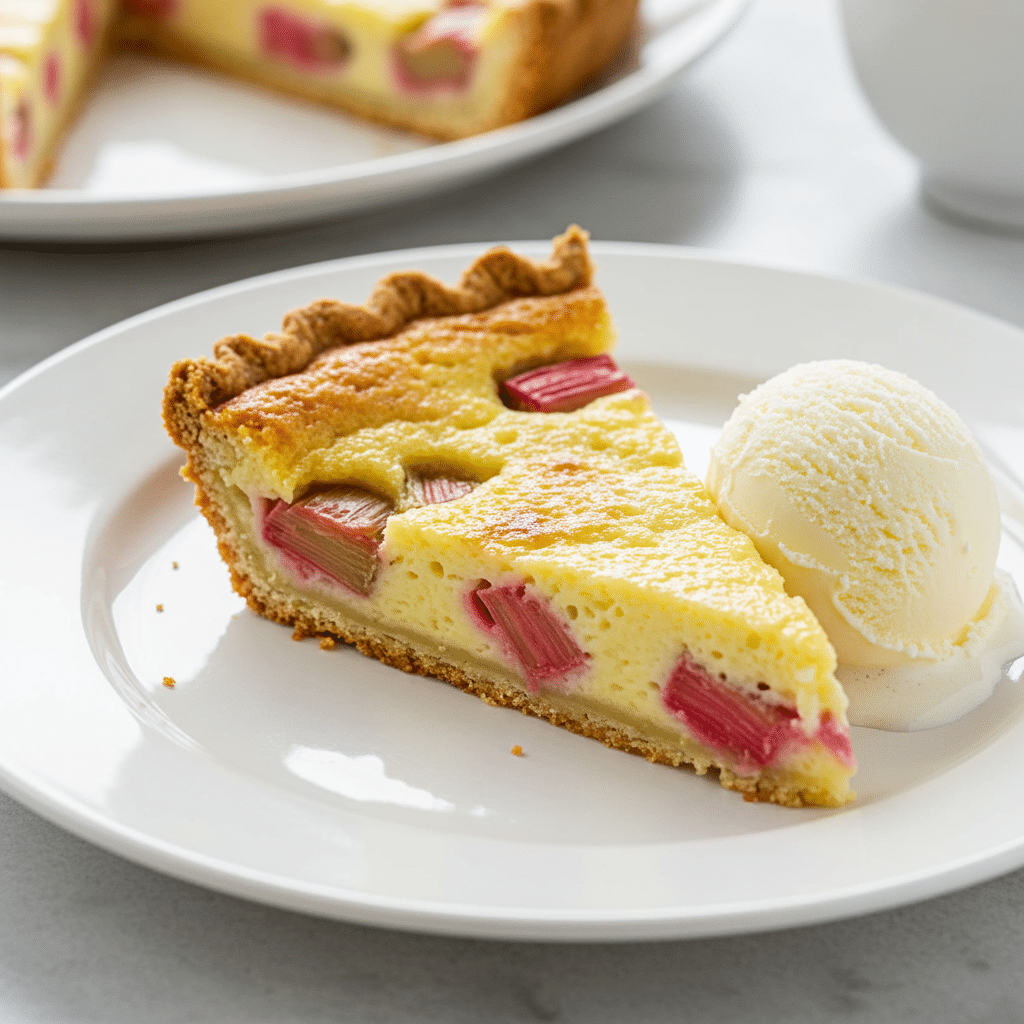 A served slice of Crustless Rhubarb Custard Pie with ice cream.