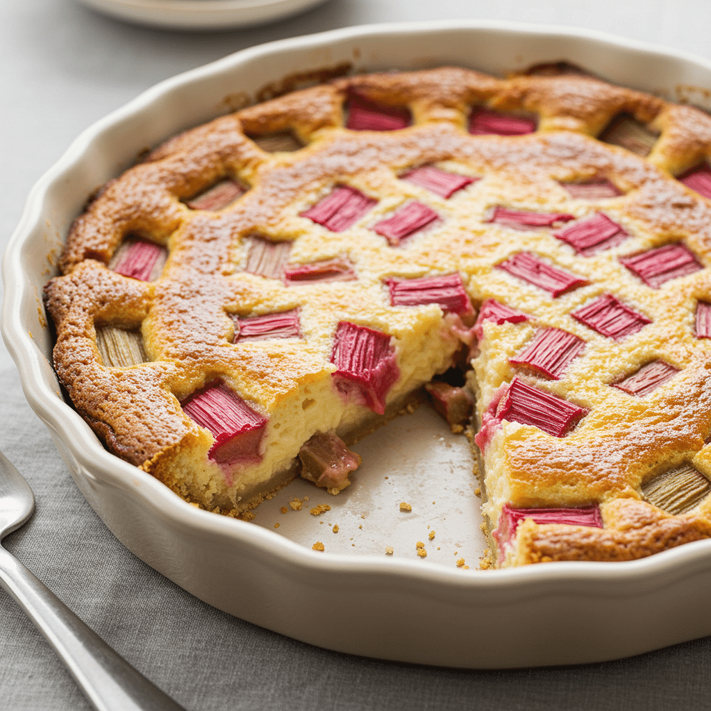 Golden and creamy Crustless Rhubarb Custard Pie in a pie plate.