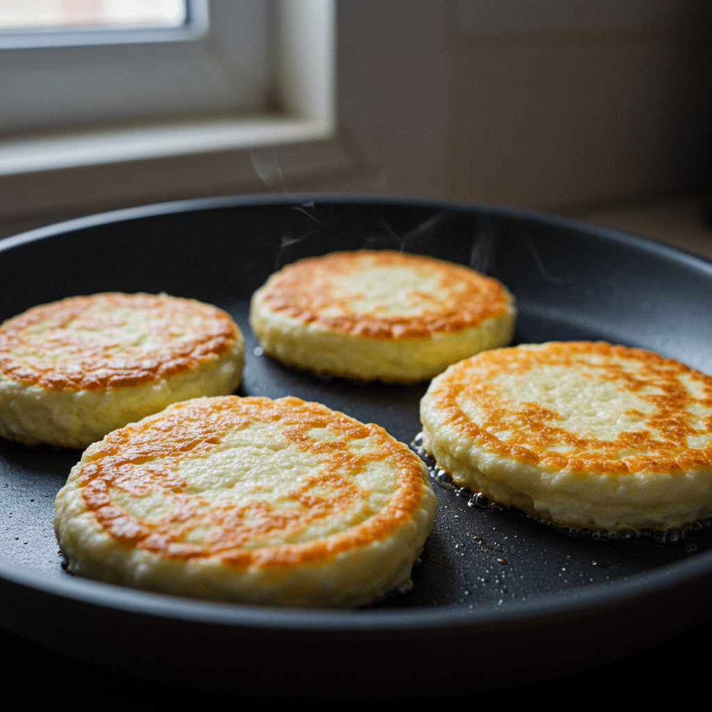Cottage cheese pancakes bubbling on a hot skillet