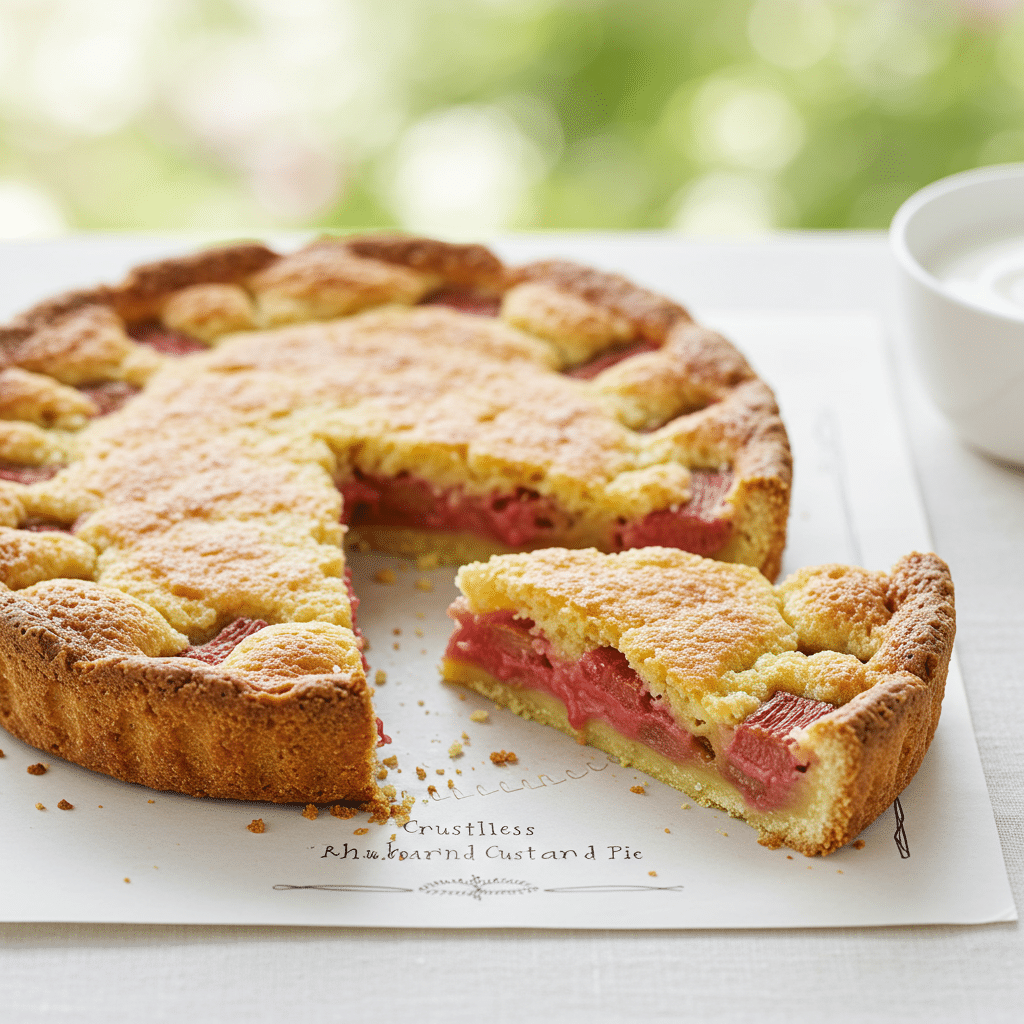 Crustless Rhubarb Custard Pie recipe card for easy saving.