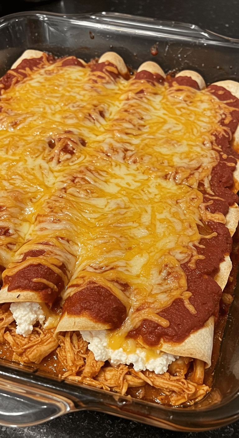 Chicken enchiladas with cottage cheese filling topped with melted cheese and red sauce